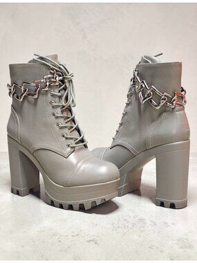 Chunky Platform Lace-Up Ankle Boots With Chain Detail In Light Olive Faux Leathe